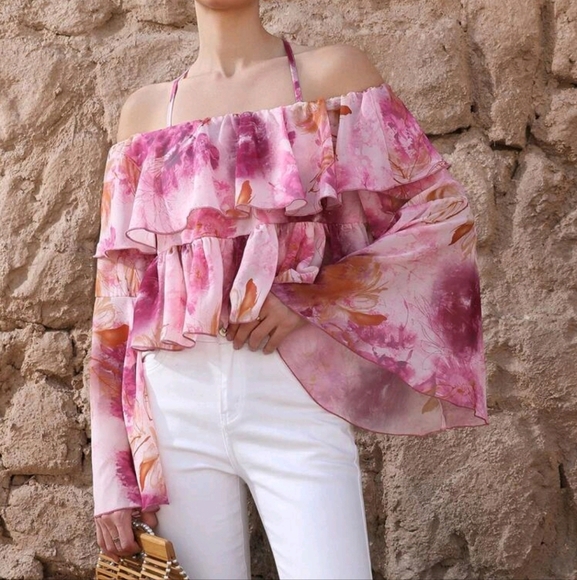 Elegant French Floral Print Ruffle Trim Loose Fit Asymmetric Neck Long Sleeve - Picture 3 of 4